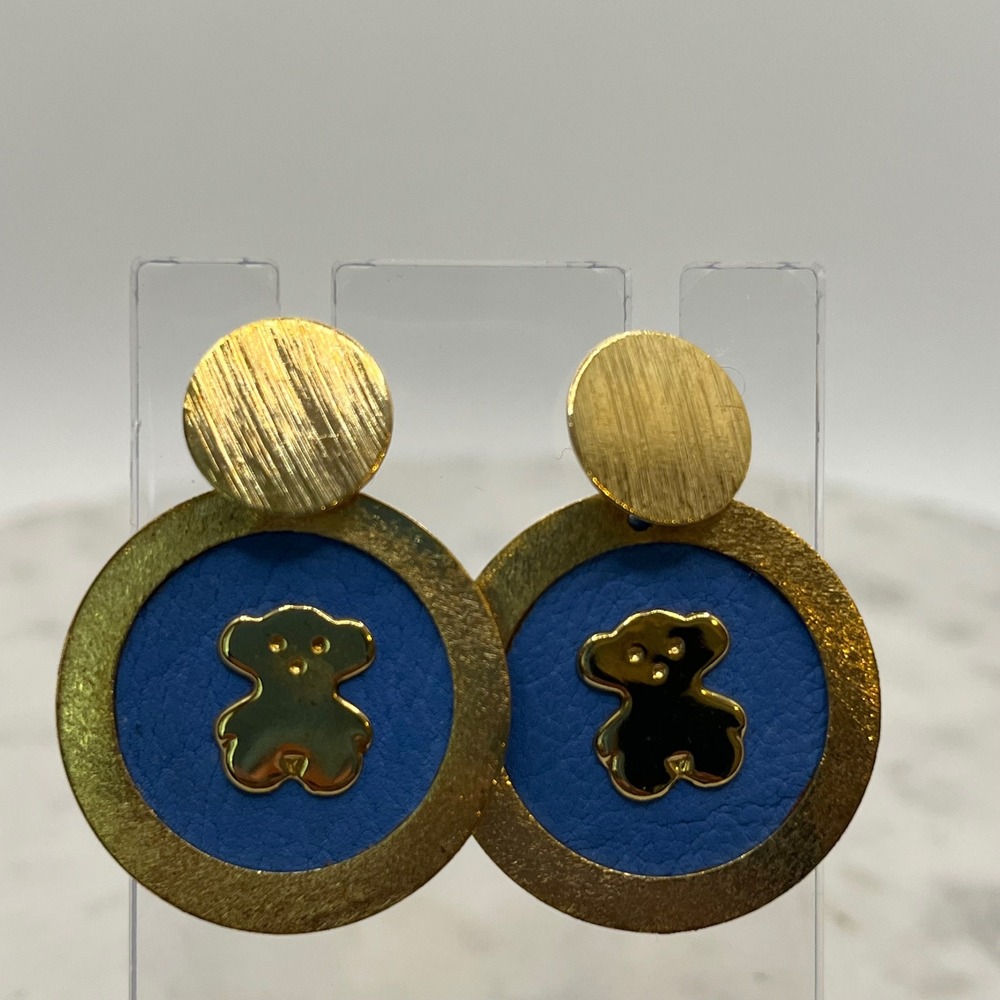 Teddy Bear Earrings Statement Gold Tone Blue Felt Round Circle Drop Jewelry